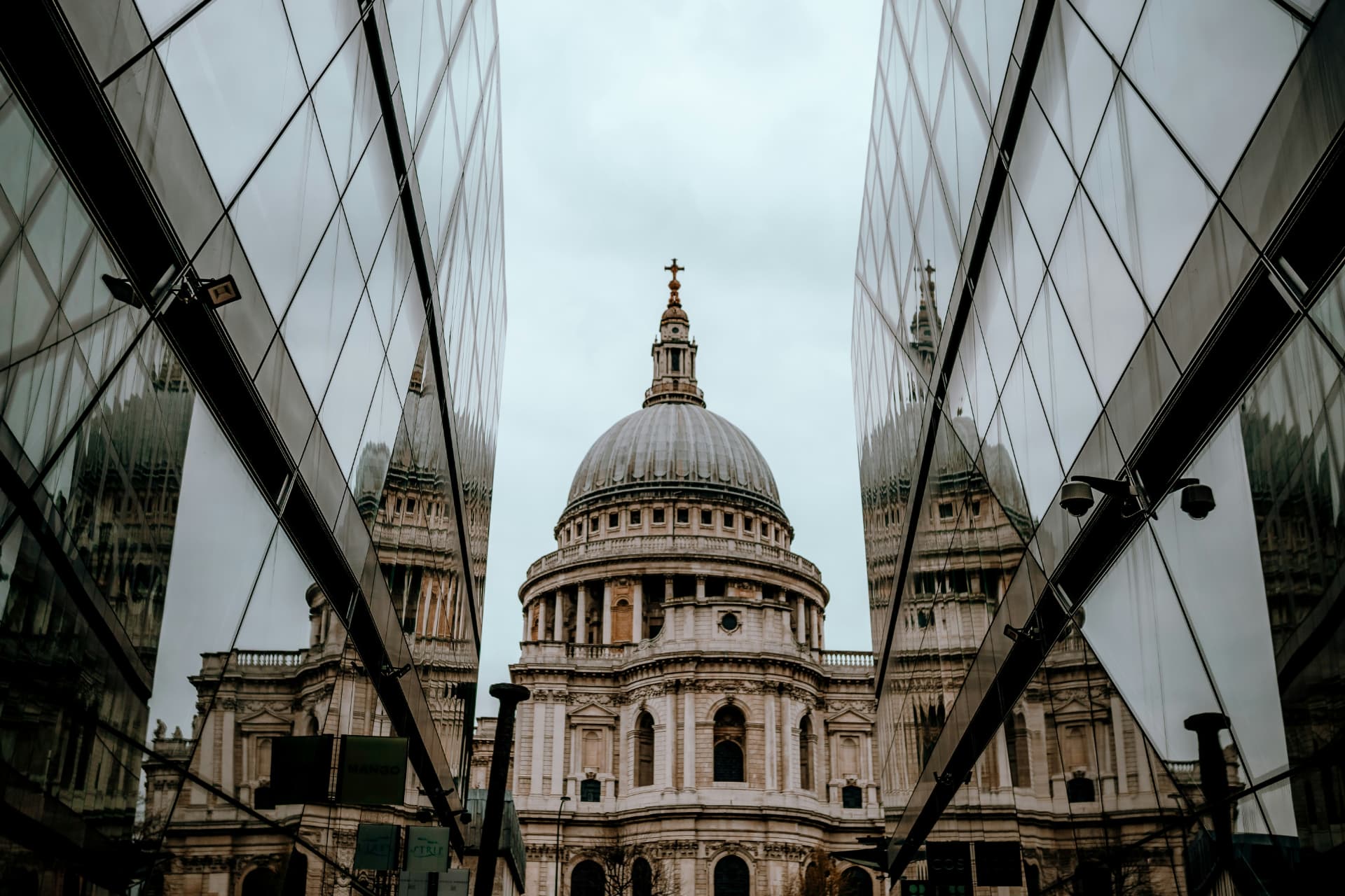 Reflections of St Paul's Cathedral in the glass facades of the City of London